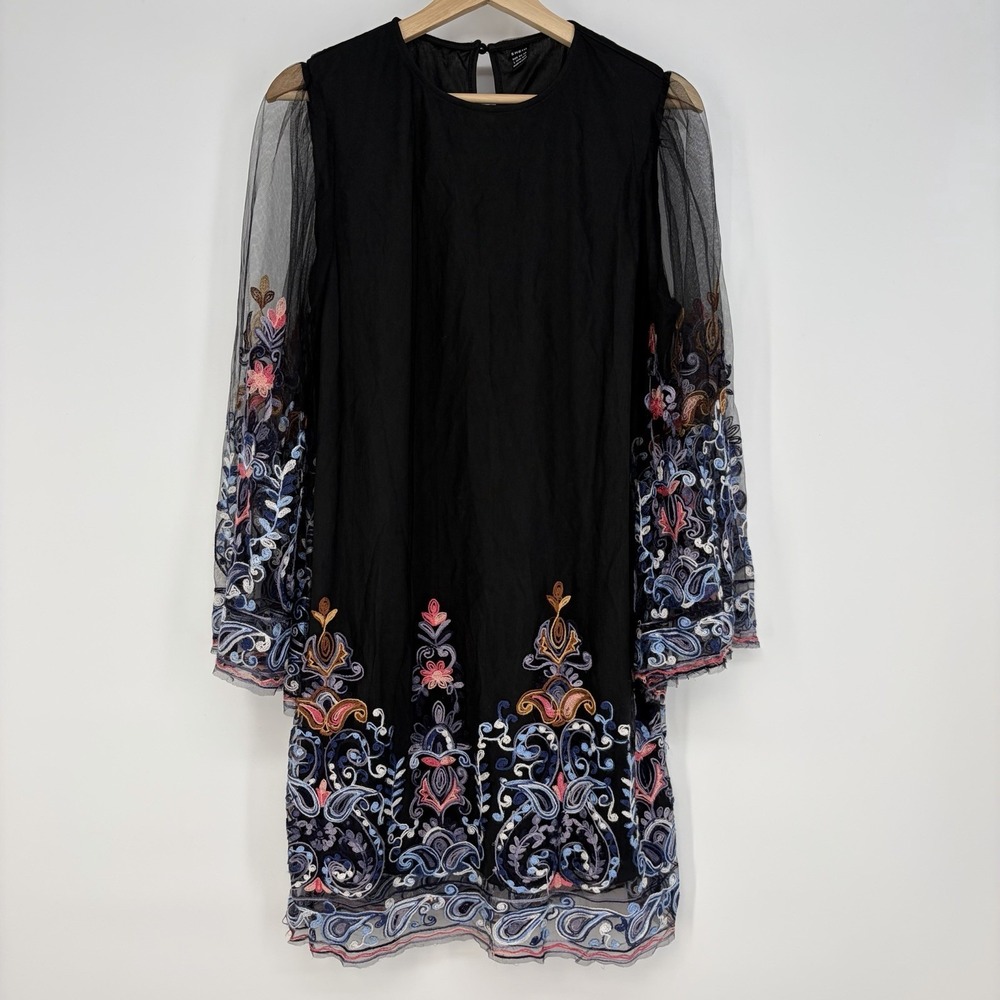 Y2K Fairy Grunge Whimsigoth L Black Paisley Bell Sleeve Mesh Boho Mini Embroider